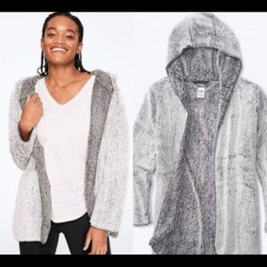 Pink hooded teddy open-front cardigan, with pockets!